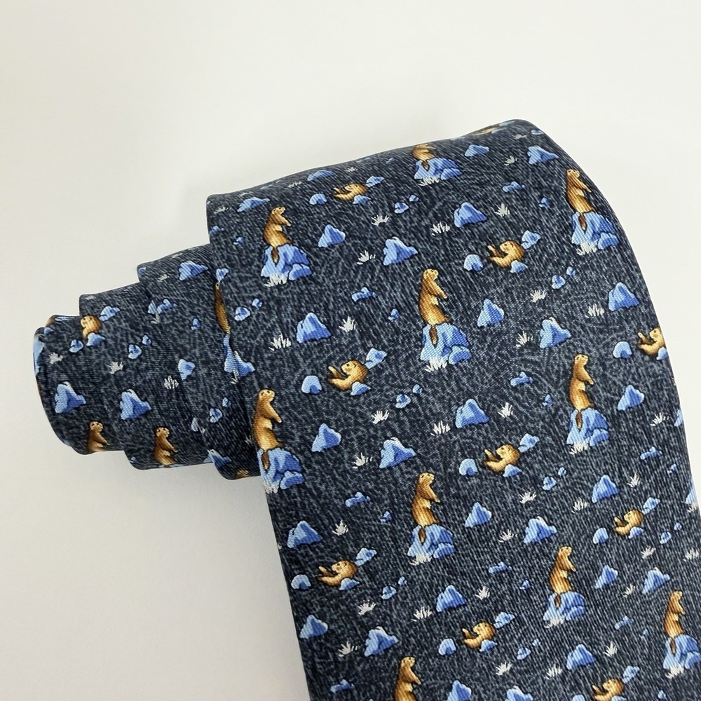 Hermes Mens Tie Groundhogs On Rocks Navy/Brown Satin Silk 7763 FA 3.5" x 56" euc - Picture 6 of 7